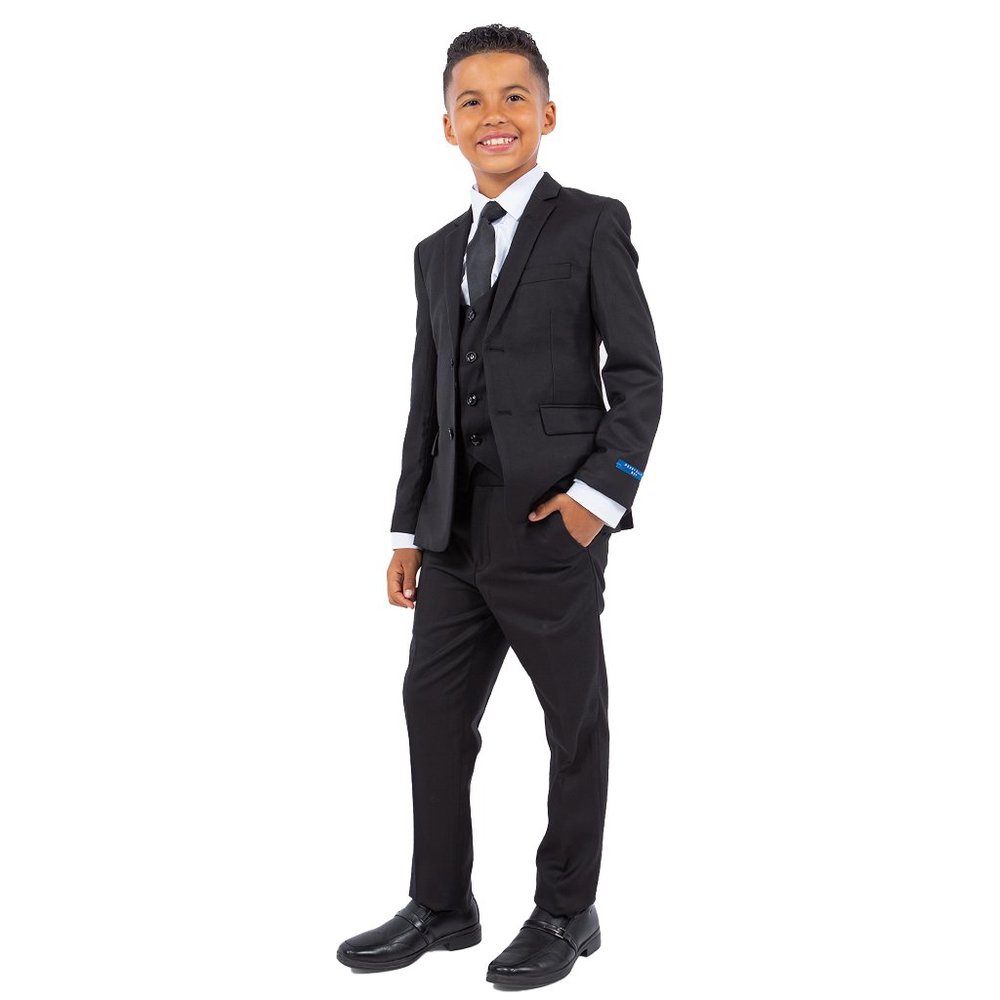 5-Piece Perry Ellis Portfolio Boys Slim Fit Solid Suit, Black - Picture 2 of 8